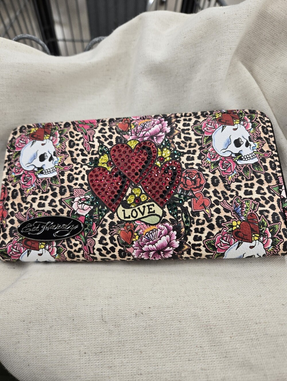 Ed Hardy Pink Leopard Floral Skull Zip Wallet with Red Crystal Hearts
